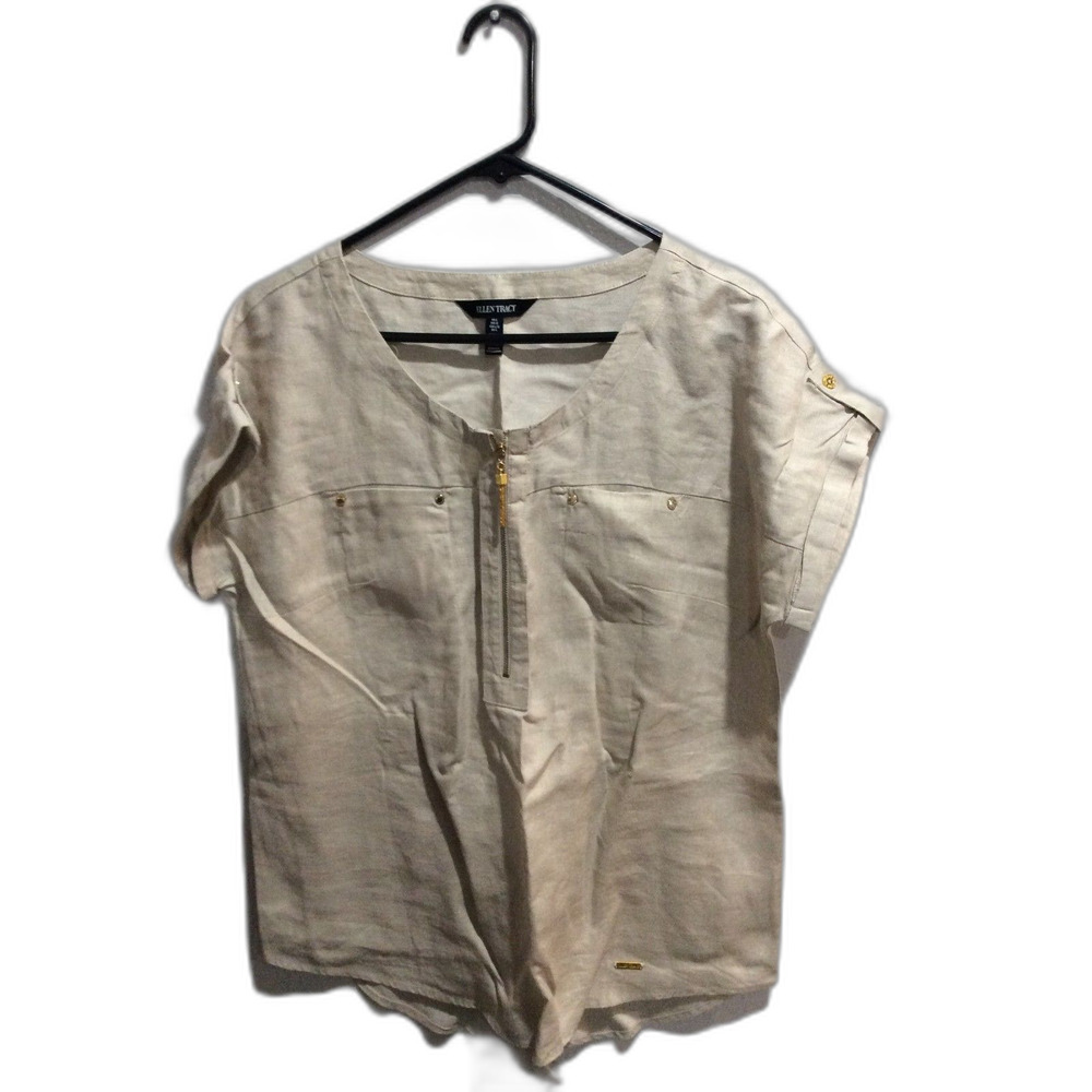 Linen short sleeve tan Large L VNC top shirt Ellen Tracy half zip front - Picture 1 of 7